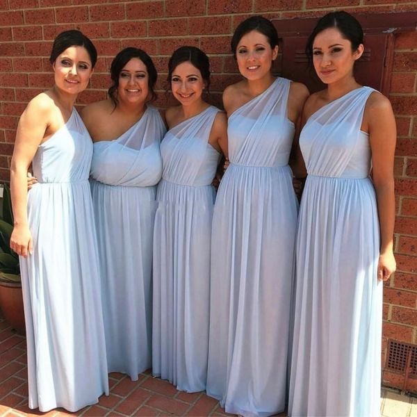 Günstige einfache blaue Mintgrün-One-Shoulder-Chiffon-Brautjungfernkleider, plissiert, bodenlang, Übergröße, Trauzeugin-Kleid, Hochzeitsgast-Kleider