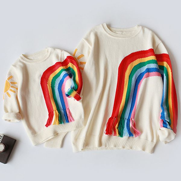 

family clothing autumn fall mom daughter family clothes rainbow sweater knitwear sweater pullover mom son keep warm clothes lj201111, Blue