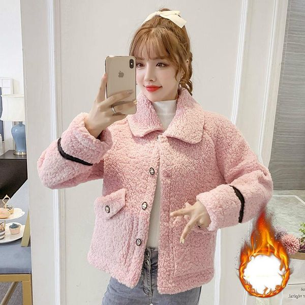 

women's fur & faux women 2021 autumn winter casual thick warm outerwear female short lamb jacket loose coat lady fake overcoat s731, Black