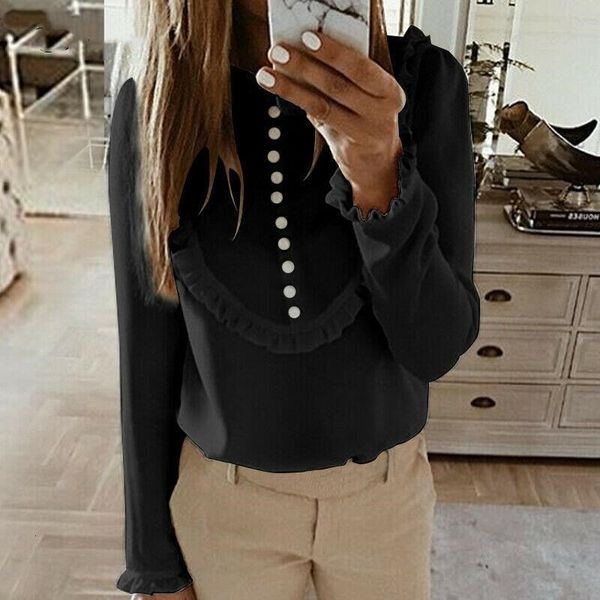 

2021 new autumn solid color long sleeve round neck shirt women wood ear cuff button decoration casual daily blouse skhj, White