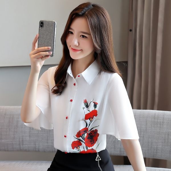 

blusas fashion blouses women summer short sleeve chiffon shirts casual floral office lady embroidery clothing 10276 y200828, White
