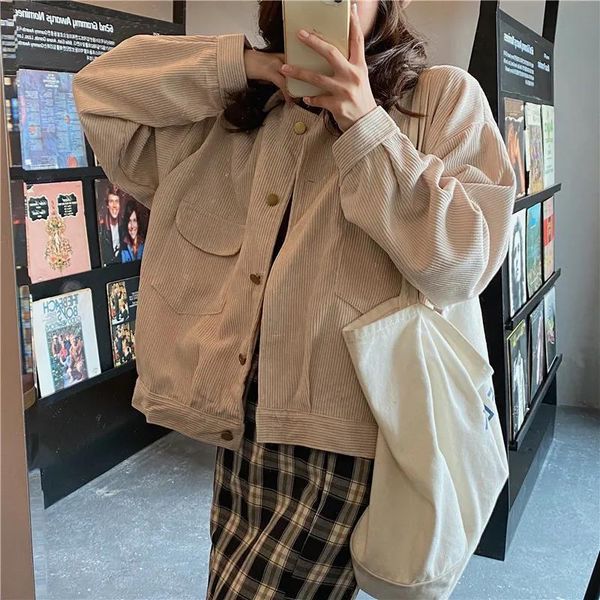 

deeptown corduroy jacket autumn winter korean fashion clothing for womens jacket long sleeve all-match casual keep warm coat, Black;brown