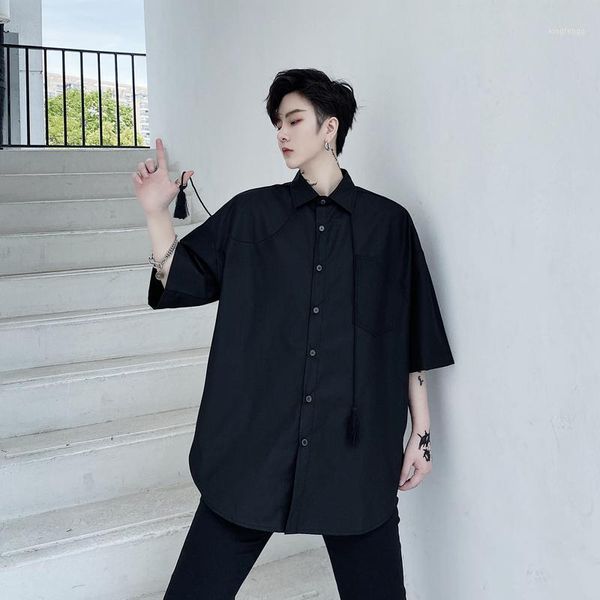 

male japan harajuku streetwear black white shirt men summer loose short sleeve casual tassel shirt1, White;black