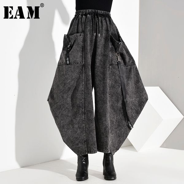

[eam] high elastic waist pocket split long denim wide leg trousers new loose fit pants women fashion spring autumn 2020 lj201029, Black;white