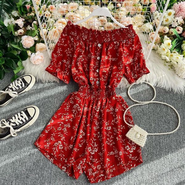 

women's jumpsuits & rompers off shoulder romper 2021 summer short sleeve slim bodysuit ladies fashion broken flowers sandy beach women1, Black;white