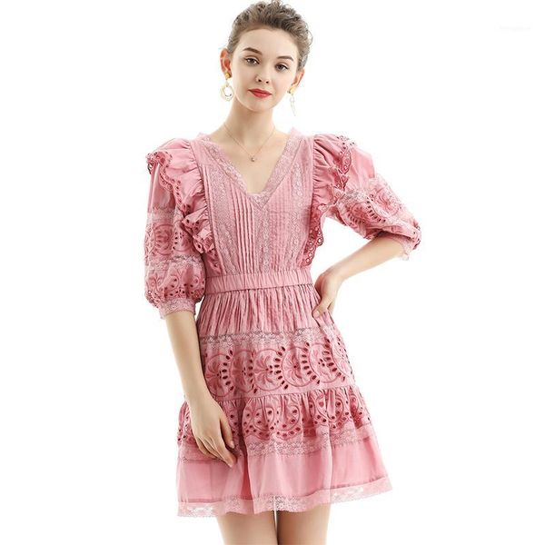 

2020 summer embroidery dress elegant half lantern sleeve v_neck above knee mini cute dress1, White;black