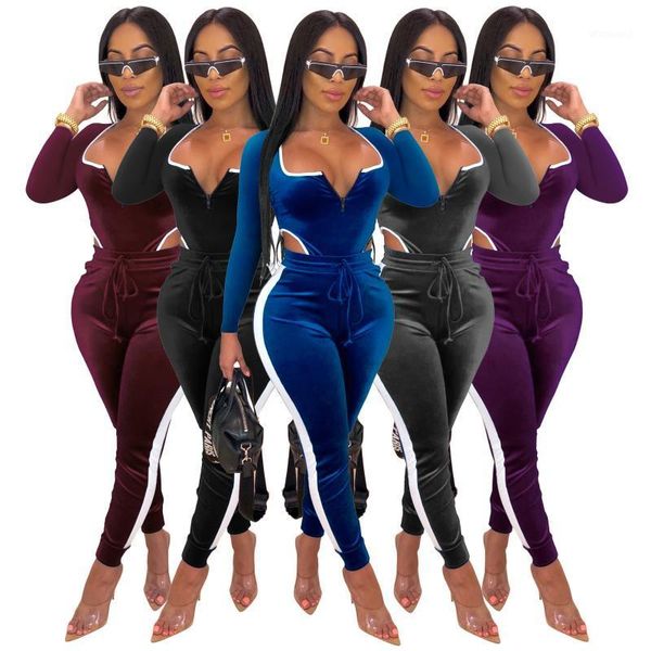 

autumn winter velvet striped one piece jumpsuits women long sleeve cut out rompers bodycon skinny bodysuit elegant overalls1, Black;white