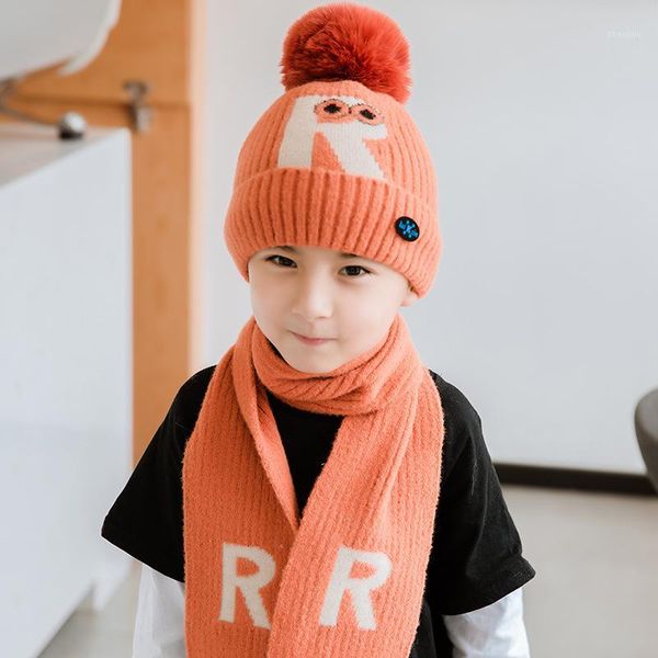 

beanies 2pcs winter pompom hat with scarf kids letter knitted boys girls outdoor snow ski bonnet1