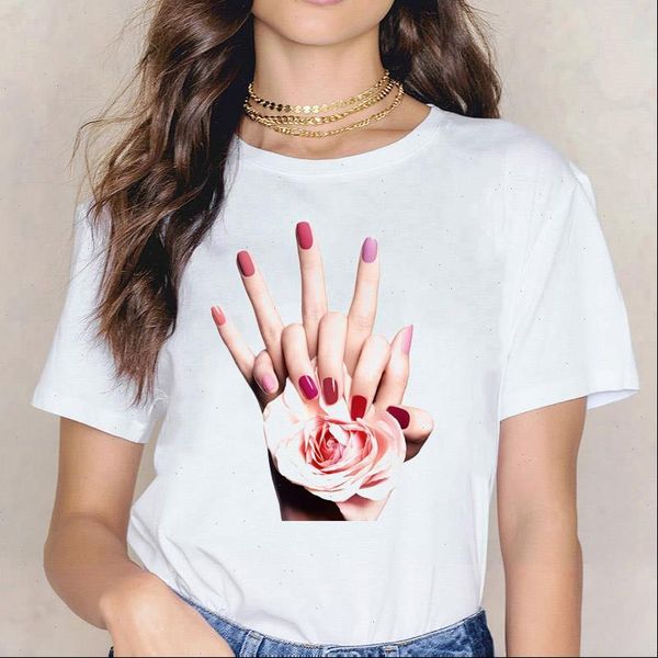 

fashion women tshirt vogue rainbow nail polish print tee shirt women clothes summer female harajuku aesthetic tshirt, White