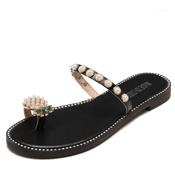 

sandals 2021 summer women's slippers pineapple pearl flat head bohemia leisure shoes beach platform sandals1, Black