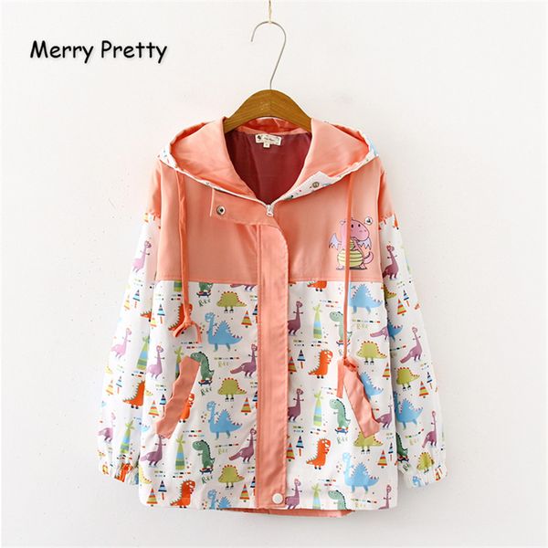 

merry pretty women cartoon dinosaur funny jackets winter long sleeve hooded patchwork pockets basic jackets outerwear coats 201026, Black;brown
