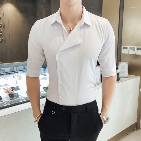 

british style men shirt partial threshold summer half sleeve shirt men solid slim fit streetwear casual tuxedo shirts white 3xl1, White;black