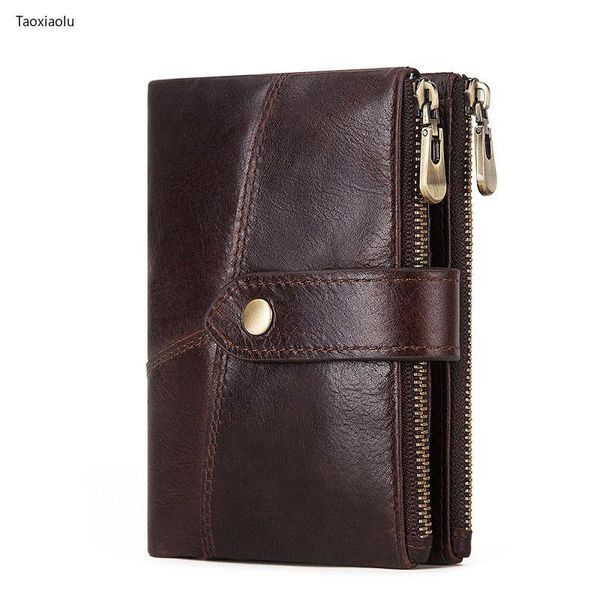 

wallets men's short wallet genuine leather purse 2021 simple double zipper retro, Red;black