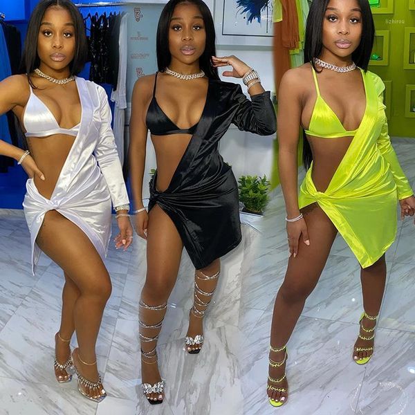 

fixsys women two piece set dress one shoulder long sleeve asymmetrical mini dresses bra suit night club outfits1, Gray
