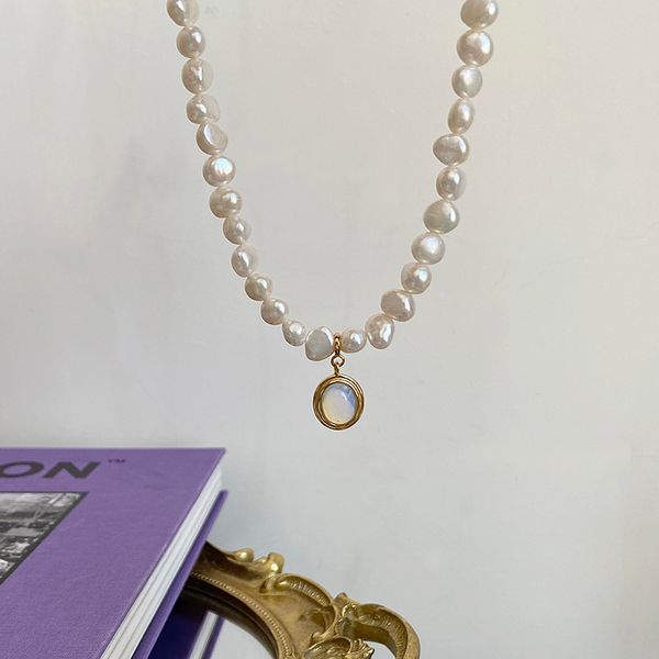 

korea s925 sterling silver natural baroque pearl moonstone pendant clavicle chain female necklace gift q0531