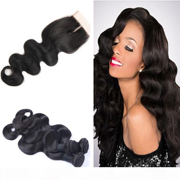 

bundles with closures lace closure with 3 bundles human hair weft extensions 8a brazilian peruvian indian malaysian hair body wave bundles, Black;brown