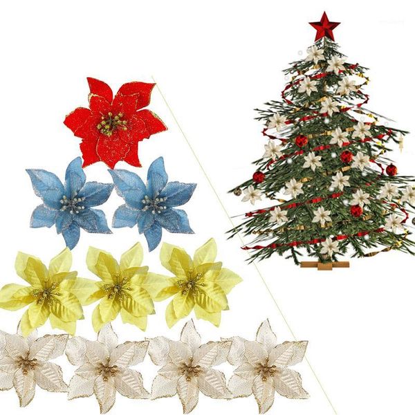 

christmas decorations 5/10pcs artificial flowers diy tree decor glitter silk flower for happy year xmas party ornaments1