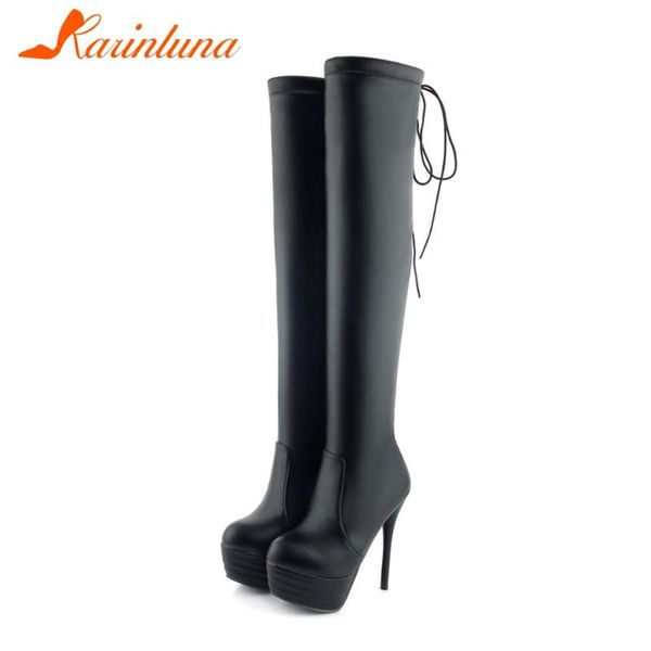 

karin new fashion female autumn boots platform thin high heels lace up thigh high women boots over the knee women shoes, Black