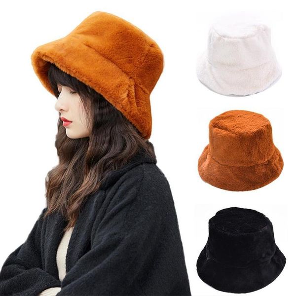 

chic women winter solid color plushy faux fur wide brim thick warm bucket cap for women autumn winter hat, Blue;gray