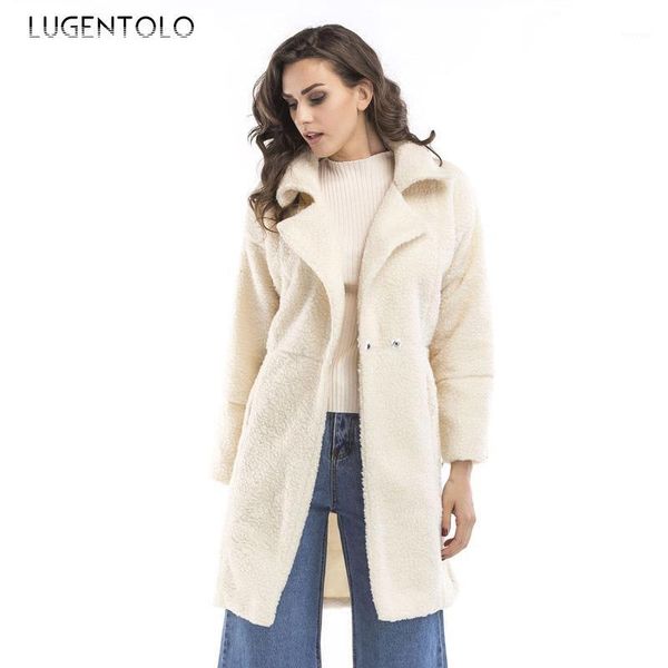 

lugentolo long coat women wool cardigan autumn winter new turndown collar plush long sleeve zipper casual solid loose cozy coats1, Black