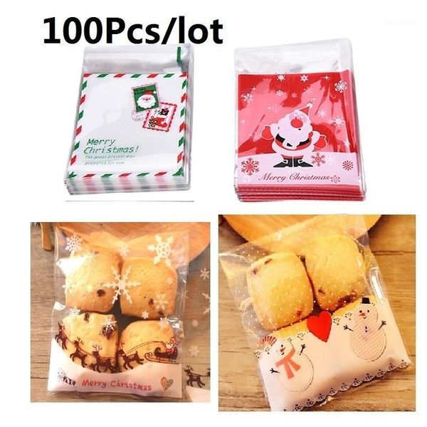 

christmas decorations 100pcs santa claus moose snowman self-adhesive cookie packaging bags for biscuits snack decoration 4 styles1