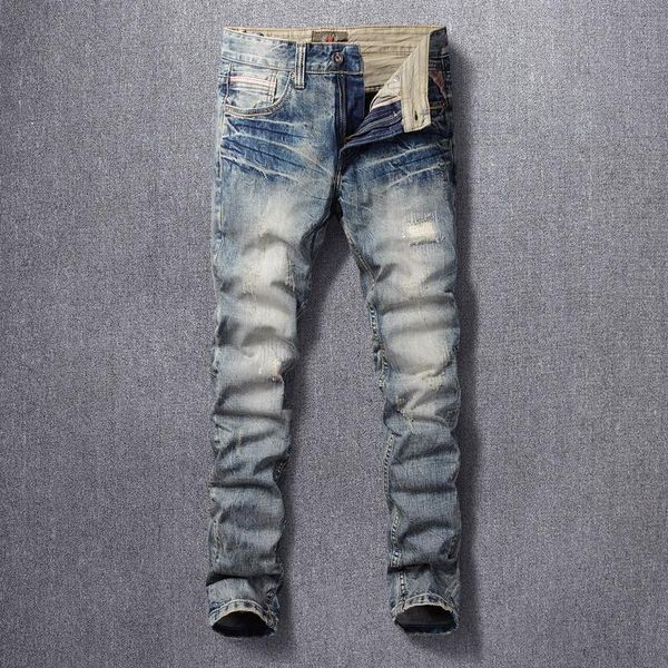 

italian style fashion men jeans retro wash destroyed ripped denim trousers streetwear vintage designer cotton pants, Blue