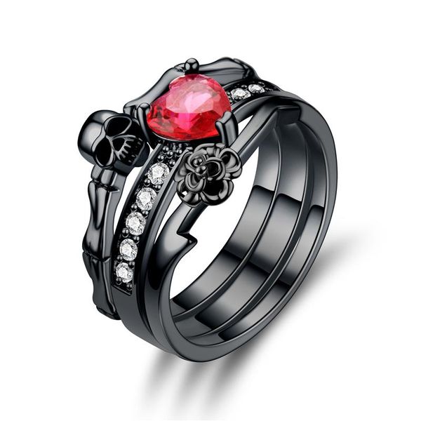 

wedding rings skull ring black red crystal zircon women's punk jewelry, Slivery;golden