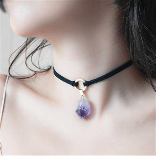 

purple crystal choker necklace witchy jewelry raw stone pendant black layering choker boho style fashion women gifts 2020 new, Golden;silver