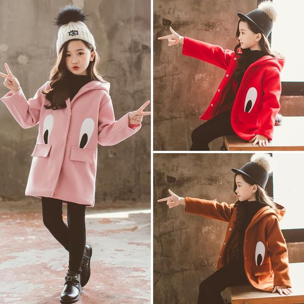 

long section woolen coat children's autumn and winter hooded windbreaker plus cotton thick coat ears girls clothing, Blue;gray