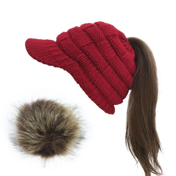 

crochet baseball cap ski hat women winter warm knit hat pom pom fur snow ski caps with visor beanie dropshipping, Blue;gray