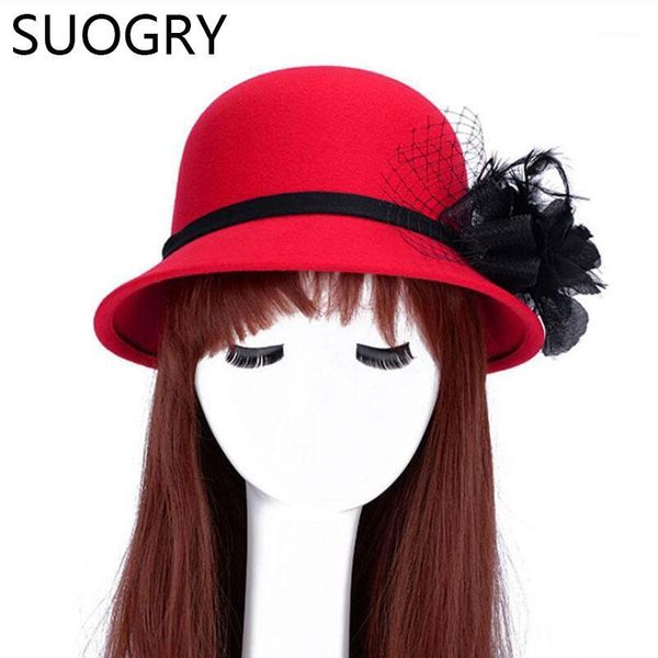 

new fashion sweet solid color women beach retro vintage wool felt bowler floral fedora hat autumn winter bucket caps for woman1, Blue;gray