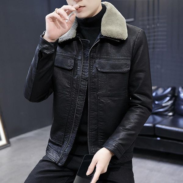

the new 2021 male adolescents style leather lamb led the men's leather jacket, winter a undertakes, Black;brown
