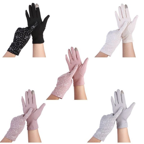 

women summer floral touchscreen gloves non-slip mesh sunscreen driving mittens, Blue;gray