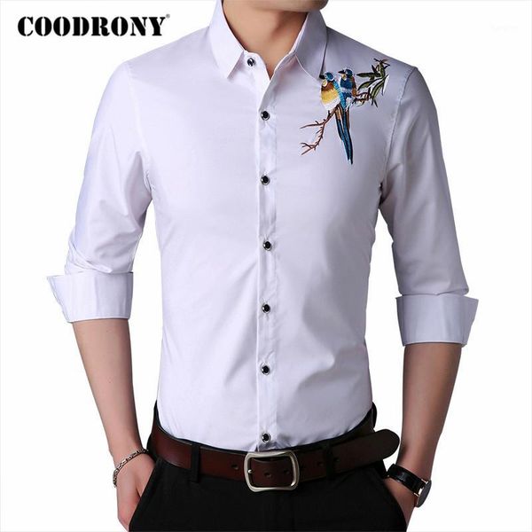 

coodrony brand shirt men spring autumn casual long sleeve cotton chemise homme chinese style floral embroidery mens shirts c60691, White;black
