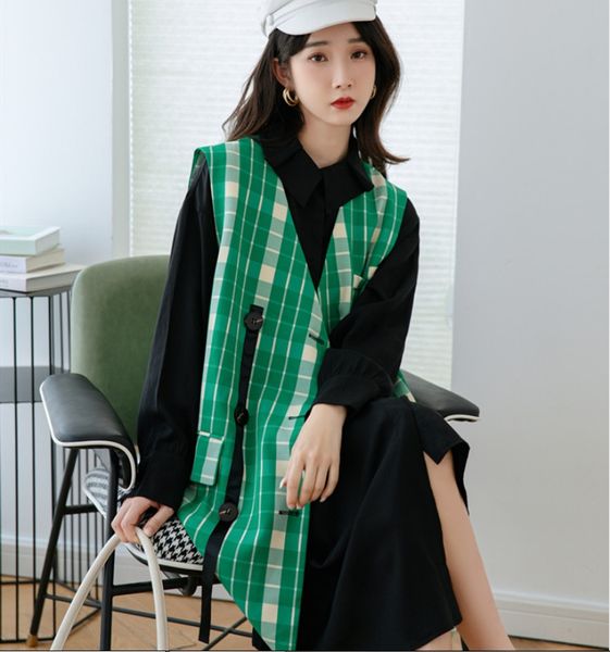 

осень 2020 новый нерегулярные рубашку платье длина черное платье жилет средней длины колена с длинным рукавом юбка gpa0b, Black;gray