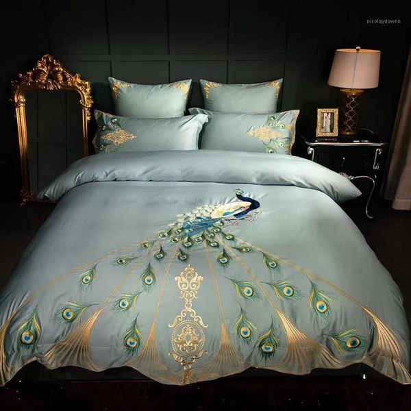 

bedding sets 34 60s cotton embroidery blue peacock set duvet cover bed linen sheet pillowcase bedclothes king  size 4pcs1