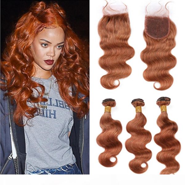 

#30 medium auburn human hair bundles with closure body wave light brown virgin hair lace closure 4x4 with weave bundles brazilian vrgin hair, Black;brown