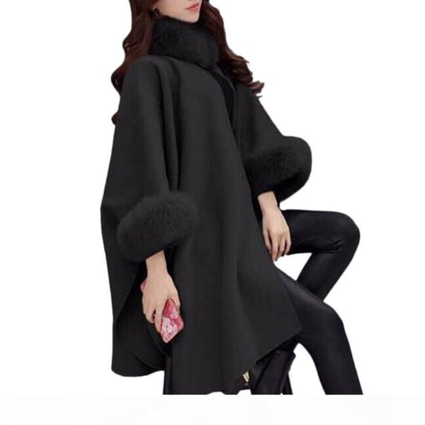 

woolen coat plus size long winter coat women overcoat camel poncho shawl cape feminino warm outerwear poncho femme cotton blend y191028, Black