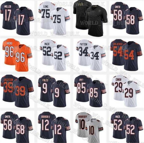 

men women chicago nfl bears youth 54 brian urlacher 89 mike ditka 58 roquan smith 29 tarik cohen 100th season football jersey, Black;red