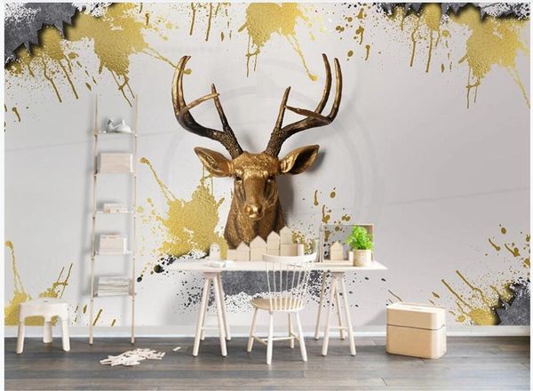 

wall paper 3 d custom any size 3d wall mural on the european style golden elk head p wallpaper in the living room1