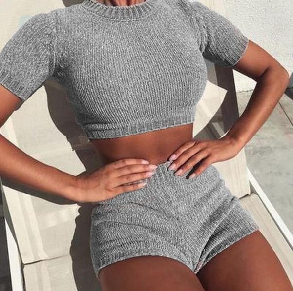 

autumn winter 2 piece set sweater party knitted crop and shorts suit two women fashion 2020 outfits1 dress, White