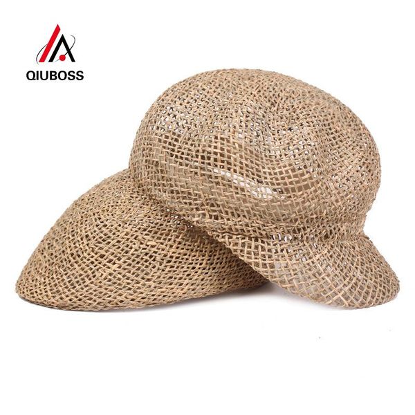 

berets qiuboss summer straw men women handmade lafite hats breathable cool beach cap travel sunhat, Blue;gray