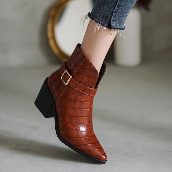 

brand fashion women ankle boots shoes autumn winter square high heels pointed toe zipper black brown short boots big size 34-43