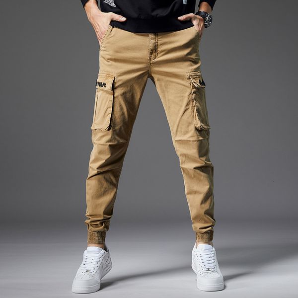 

2021 new autumn newly korean fashion men jeans slim fit casual cargo pants big pocket streetwear hip hop joggers trousers awyu, Blue