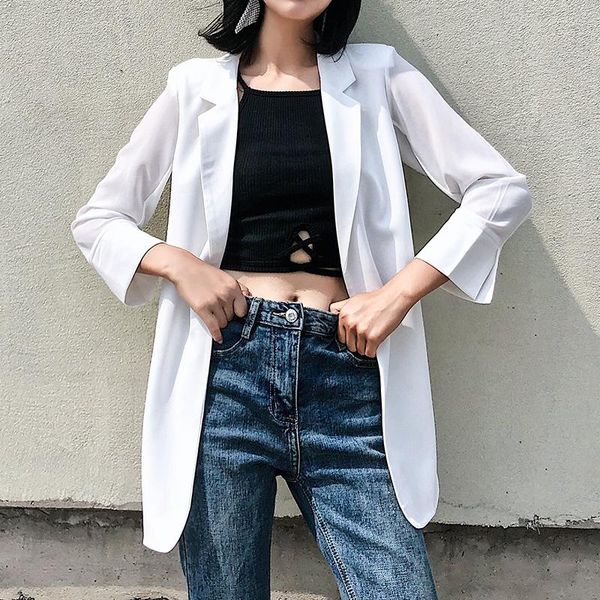 

women summer autumn chiffon blazers elegant notched no button chic three quarter white blazers office lady temperament clothing, White;black