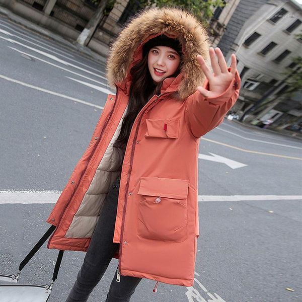 

korean big fur collar mid-length thick padded jacket 2021 winter women warm outerwear large size loose down cotton coat female1, Black