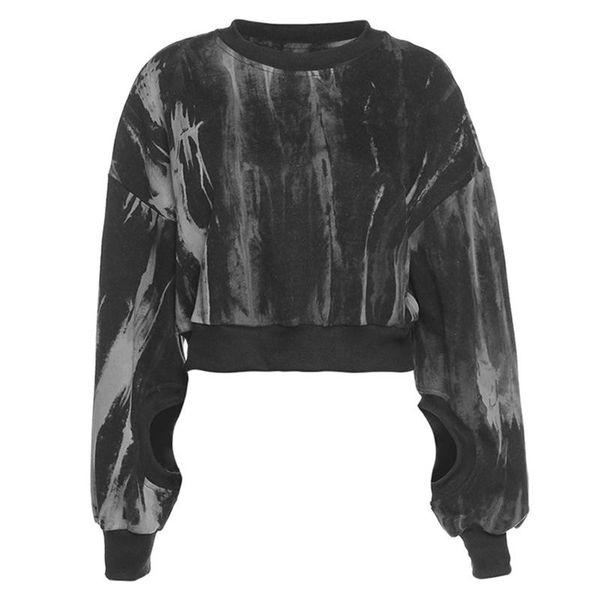 

женщины вырез с длинным рукавом толстовка gradient tie-dye печати o-образным вырезом сыпучие crop top r3mc, Black