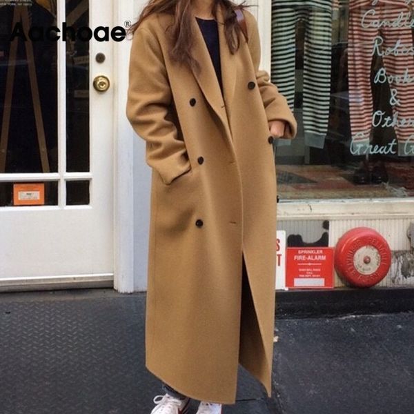 

aachoae casual black and khaki women sleeve office wear elegant long coats double breasted wide waisted pocket coat, Tan;black