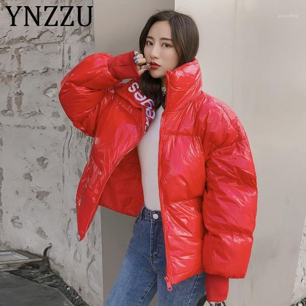 

ynzzu letter embroidery 2019 winter glossy cool women parkas waterproof loose warm thicken female cotton coat streetwear a13581, Black