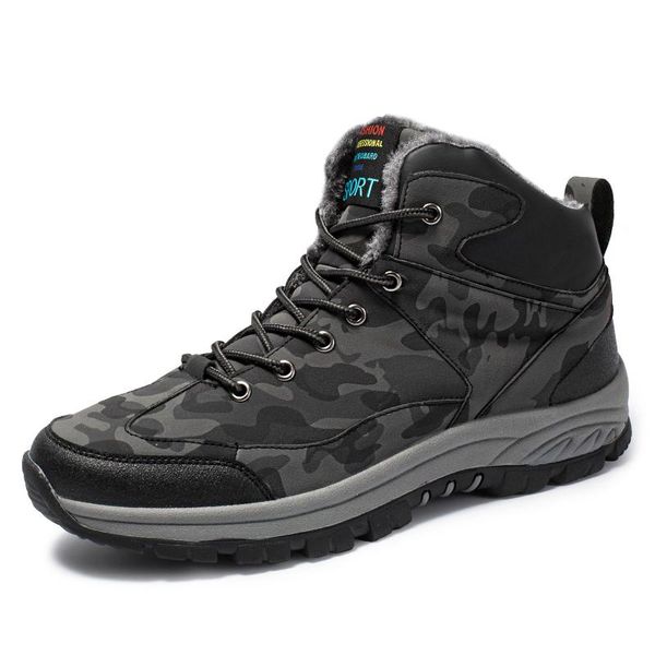 

boots men waterproof ankle winter warm plush snow outdoor sneaker work male rubber men's size 46, Black